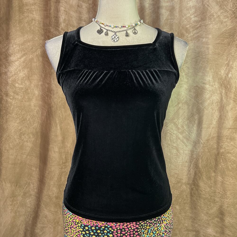 Vintage Y2K Velour Tank Top Black Ruched Square Neck Sleeveless Indie Goth 2000s
